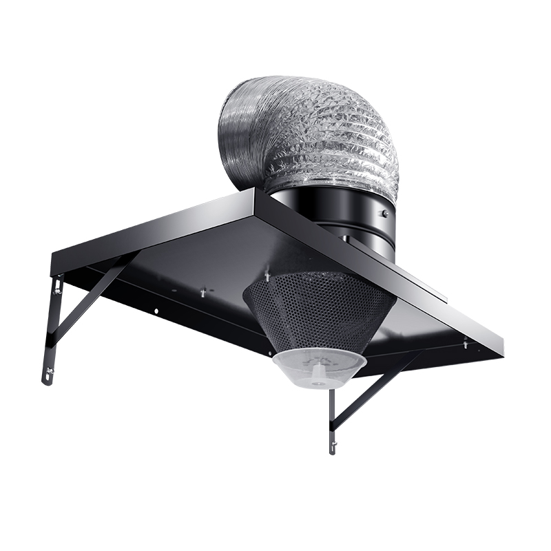 Hood s čiernym železom namontovaný na stene, nástenná s veľkou kapucňou a ventilátorom výfukového plynu z nehrdzavejúcej ocele a ventilátorom výfukového plynu